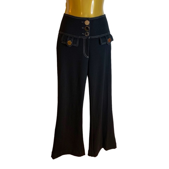 New black trousers white stitching gold shiny buttons tight fit wide flare size4 - Picture 3 of 10